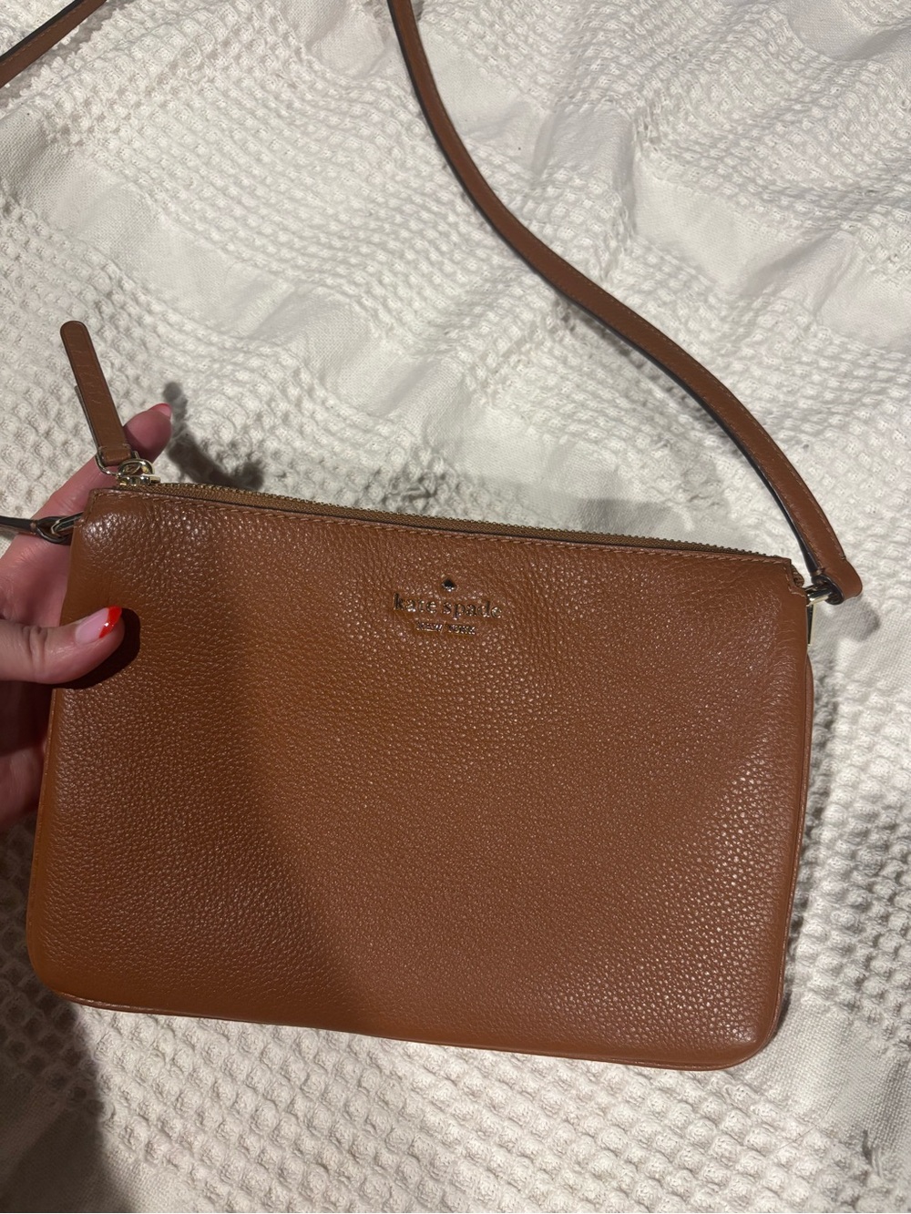 kate spade Pebbled Leather Crossbody in Cognac Brown with Gold Logo